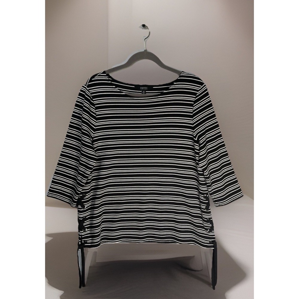 IMNYC Isaac Mizrahi Top Women's‎ Black White Striped Size-L Lace Up Stretch